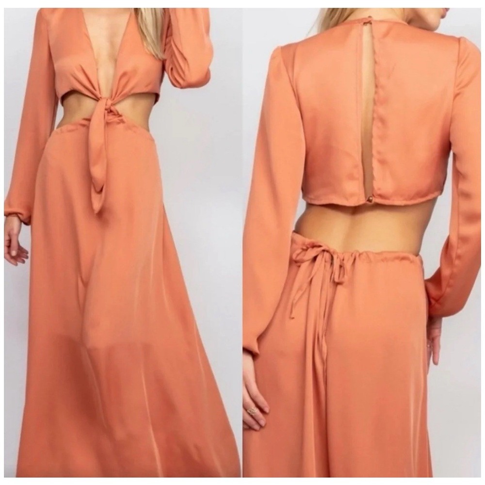 RESA Noelle Maxi Dress Cutout Burnt Orange Satin Tie Open Back Flowy Small